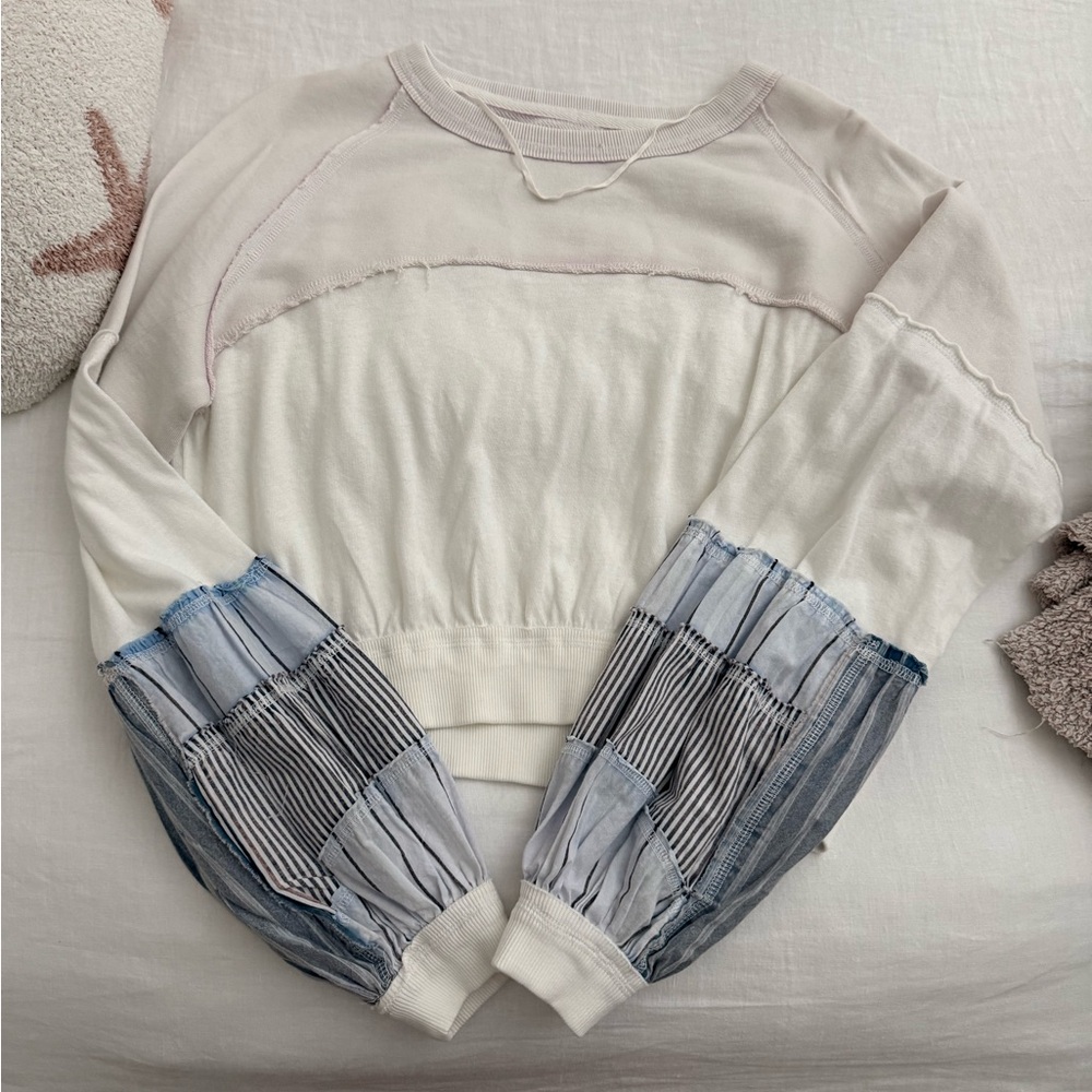 Free People Cream and Blue Patchwork Long Sleeve Tee